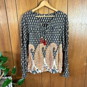 Element Eden Womens Paisley Print Tassel Tie Peasant‎ Blouse Orange Black Boho